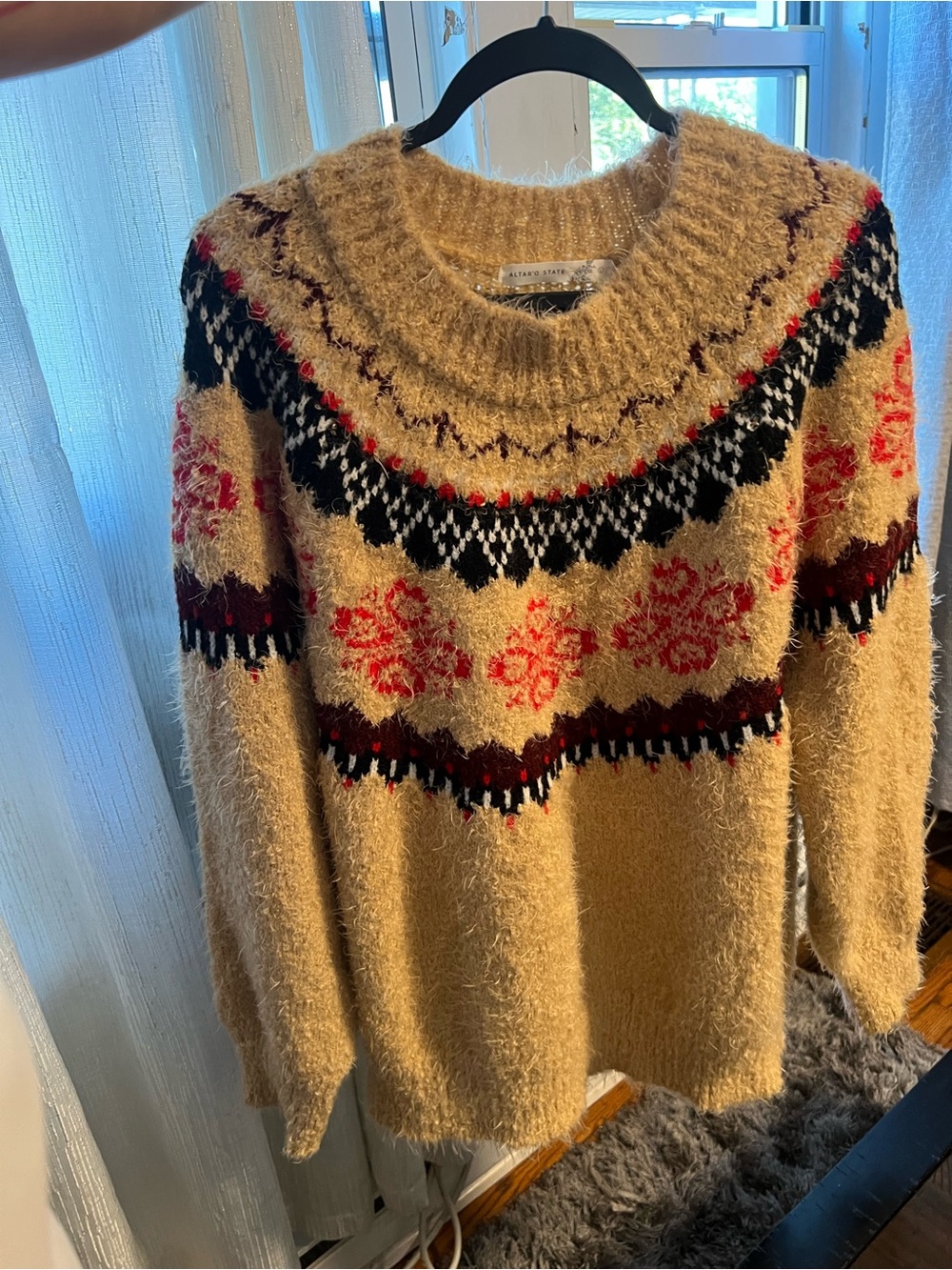 Altar'd State Cream Fuzzy Fair Isle Crewneck Sweater with Red & Black Accents